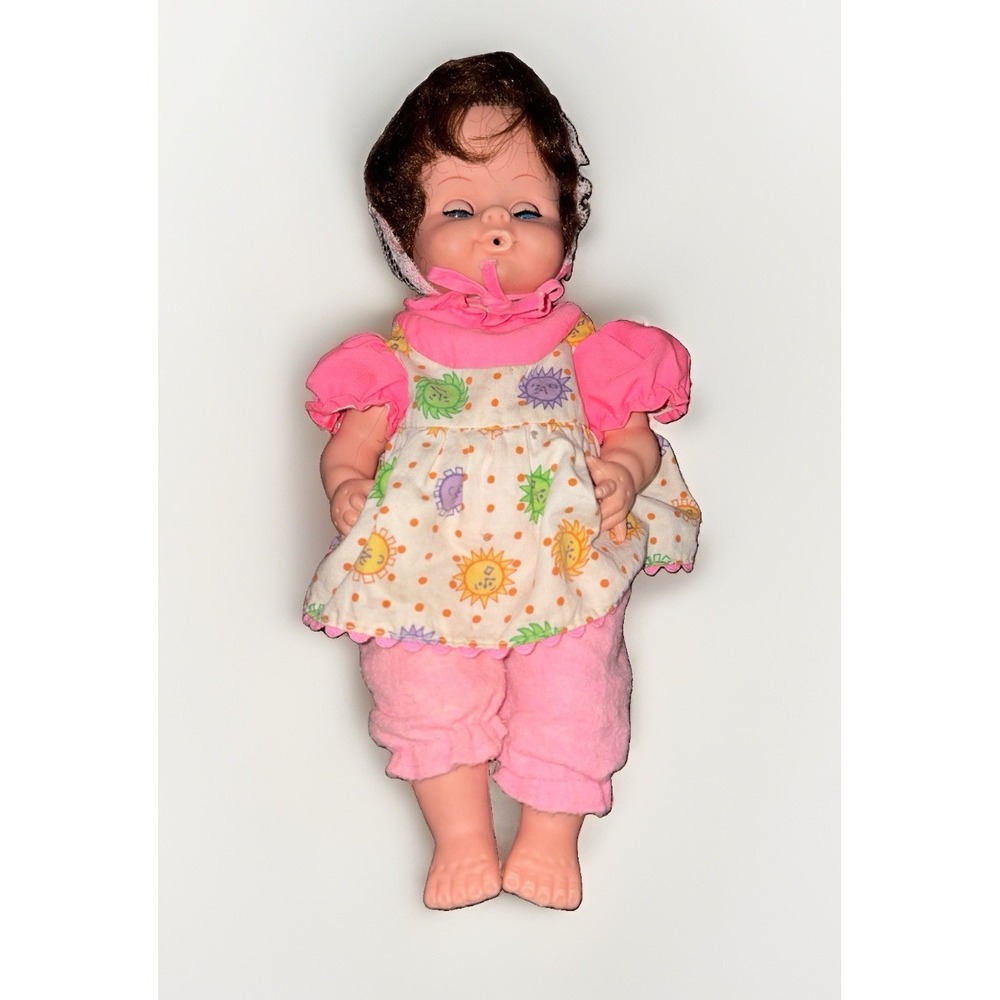Vtg Plastic Baby Doll 1960s 1970s Unmarked Sleepy Eyes 14" Bonnet Sun Dress